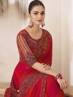 Red Shaded Silver Chiffon Saree